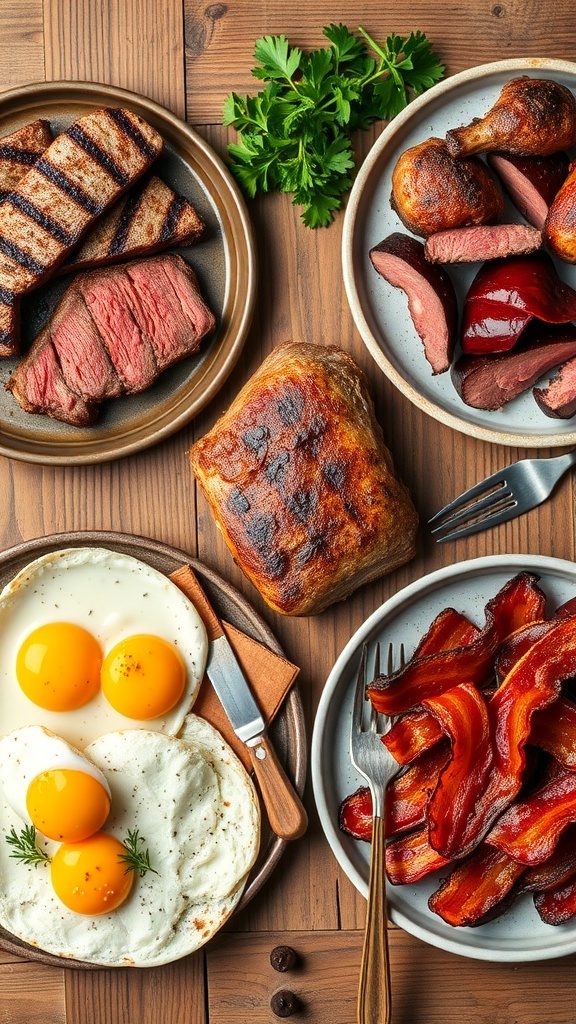 A variety of cooked meats and eggs for the carnivore diet on a rustic wooden table.